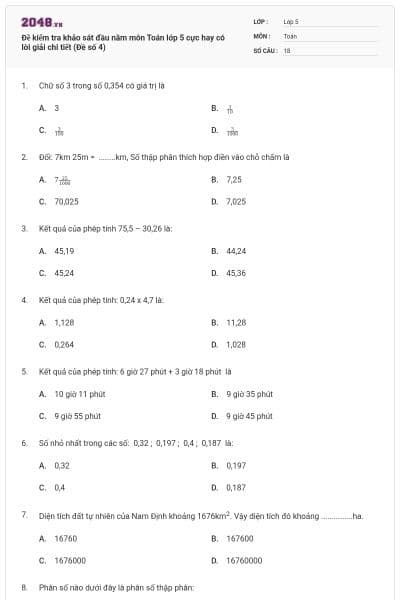 Đề kiểm tra khảo sát đầu năm môn Toán lớp 5 cực hay có lời giải chi tiết (Đề số 4)
