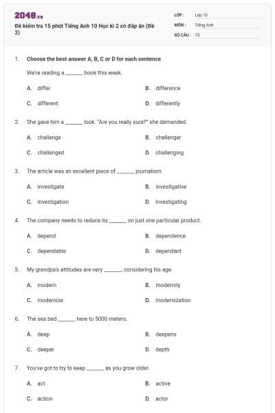 Đề kiểm tra 15 phút Tiếng Anh 10 Học kì 2 có đáp án (Đề 2)
