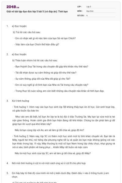 Giải vở bài tập đạo đức lớp 5 bài 5 (có đáp án): Tình bạn