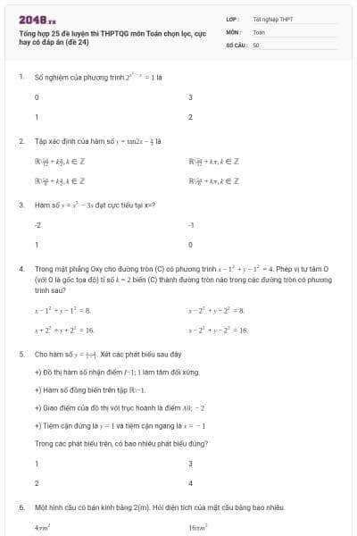 Tổng hợp 25 đề luyện thi THPTQG môn Toán chọn lọc, cực hay có đáp án (đề 24)