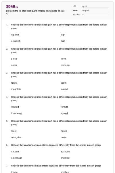 Đề kiểm tra 15 phút Tiếng Anh 10 Học kì 2 có đáp án (Đề 4)