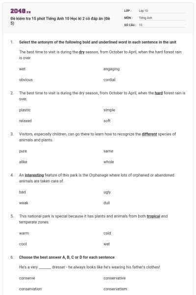 Đề kiểm tra 15 phút Tiếng Anh 10 Học kì 2 có đáp án (Đề 5)