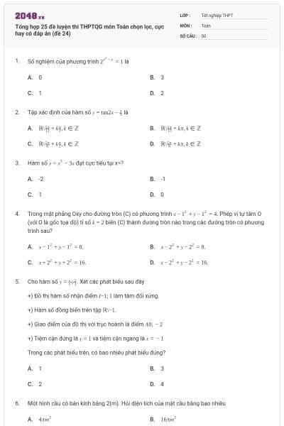 Tổng hợp 25 đề luyện thi THPTQG môn Toán chọn lọc, cực hay có đáp án (đề 24)