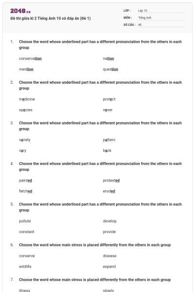 Đề thi giữa kì 2 Tiếng Anh 10 có đáp án (Đề 1)