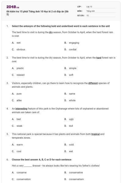 Đề kiểm tra 15 phút Tiếng Anh 10 Học kì 2 có đáp án (Đề 5)