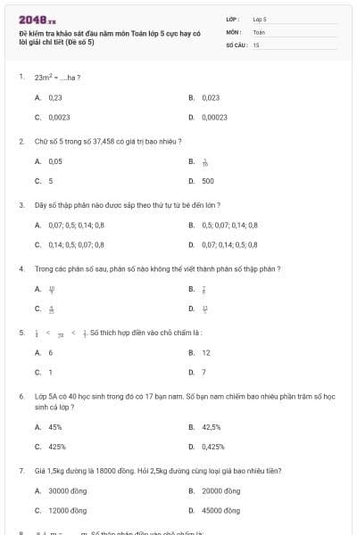 Đề kiểm tra khảo sát đầu năm môn Toán lớp 5 cực hay có lời giải chi tiết (Đề số 5)