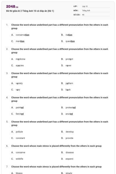 Đề thi giữa kì 2 Tiếng Anh 10 có đáp án (Đề 1)
