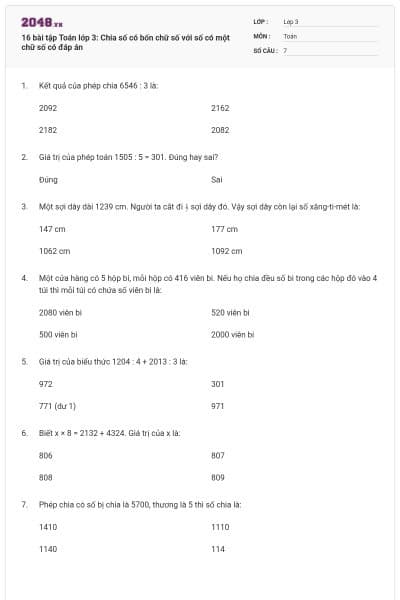 16 bài tập Toán lớp 3: Chia số có bốn chữ số với số có một chữ số có đáp án