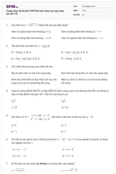 Tuyển chọn đề thi thử THPTQG môn Toán cực hay, chọn lọc (đề 14)