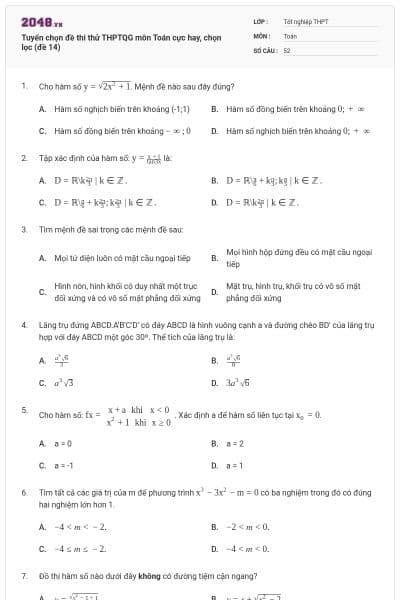 Tuyển chọn đề thi thử THPTQG môn Toán cực hay, chọn lọc (đề 14)
