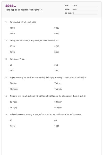Tổng hợp đề thi cuối kì I Toán 3 ( Đề 17)