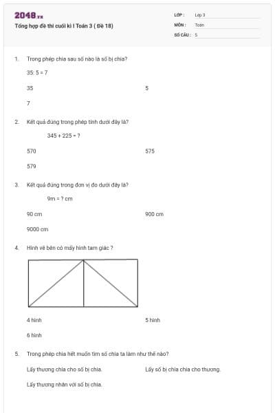Tổng hợp đề thi cuối kì I Toán 3 ( Đề 18)