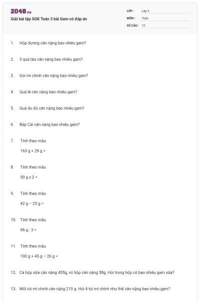 Giải bài tập SGK Toán 3 bài Gam có đáp án