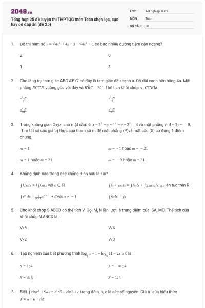Tổng hợp 25 đề luyện thi THPTQG môn Toán chọn lọc, cực hay có đáp án (đề 25)