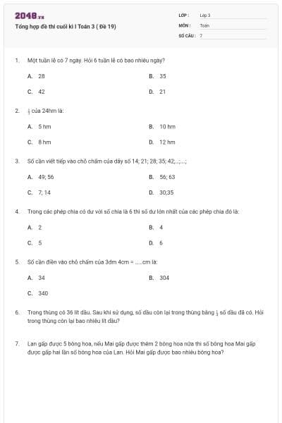 Tổng hợp đề thi cuối kì I Toán 3 ( Đề 19)