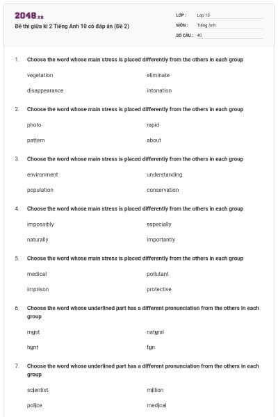 Đề thi giữa kì 2 Tiếng Anh 10 có đáp án (Đề 2)