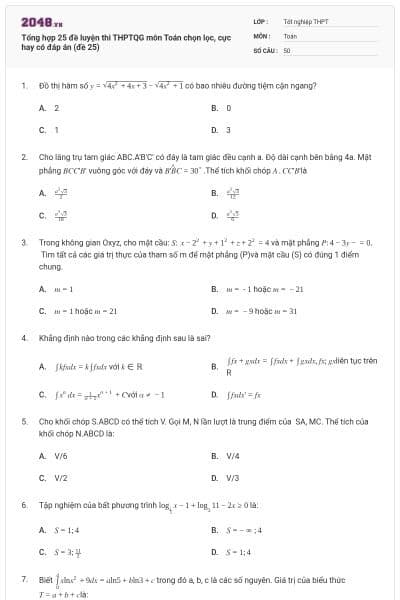Tổng hợp 25 đề luyện thi THPTQG môn Toán chọn lọc, cực hay có đáp án (đề 25)