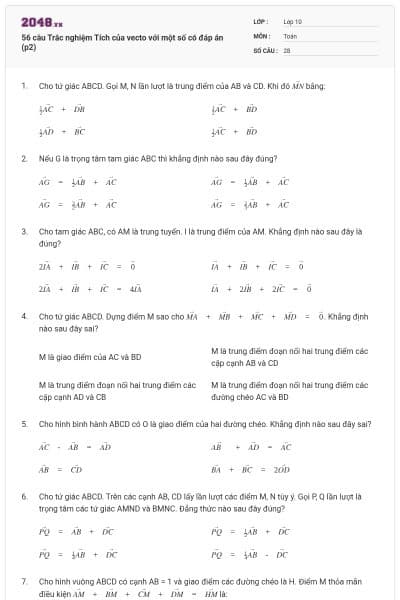 56 câu Trắc nghiệm Tích của vecto với một số có đáp án (p2)