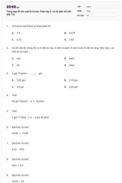 Tổng hợp đề thi cuối kì II môn Toán lớp 5, có lời giải chi tiết (Đề 13)