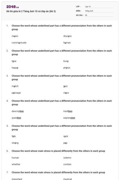 Đề thi giữa kì 2 Tiếng Anh 10 có đáp án (Đề 3)