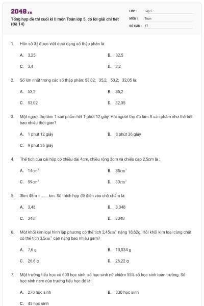 Tổng hợp đề thi cuối kì II môn Toán lớp 5, có lời giải chi tiết (Đề 14)