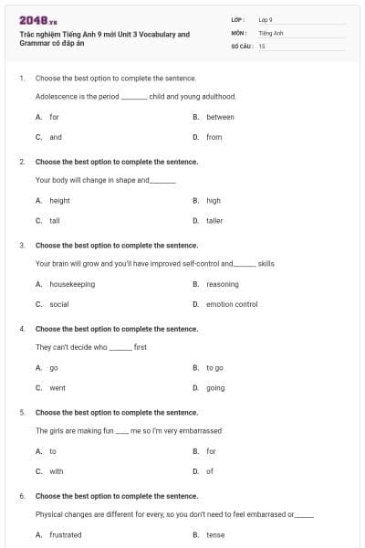 Trắc nghiệm Tiếng Anh 9 mới Unit 3 Vocabulary and Grammar có đáp án