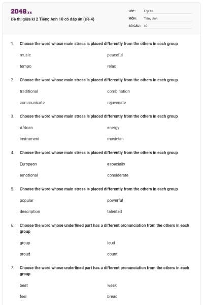 Đề thi giữa kì 2 Tiếng Anh 10 có đáp án (Đề 4)