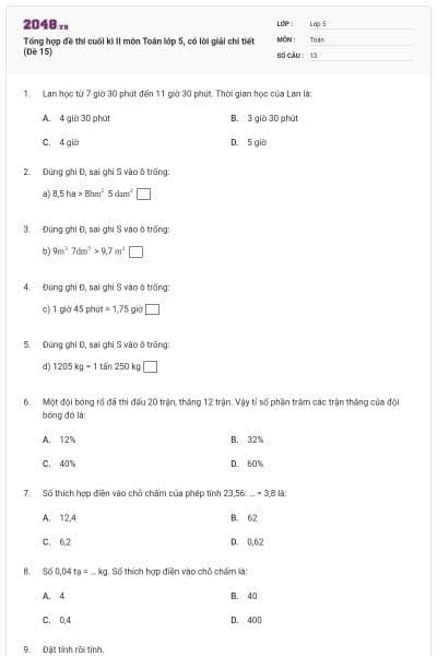 Tổng hợp đề thi cuối kì II môn Toán lớp 5, có lời giải chi tiết (Đề 15)