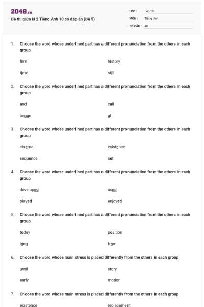 Đề thi giữa kì 2 Tiếng Anh 10 có đáp án (Đề 5)