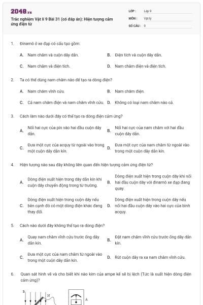 Trắc nghiệm Vật lí 9 Bài 31 (có đáp án): Hiện tượng cảm ứng điện từ