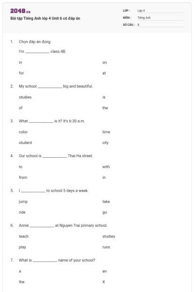 Bài tập Tiếng Anh lớp 4 Unit 6 có đáp án