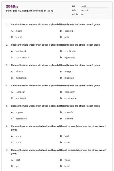 Đề thi giữa kì 2 Tiếng Anh 10 có đáp án (Đề 4)