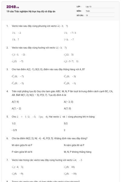 19 câu  Trắc nghiệm Hệ trục toạ độ có đáp án