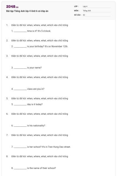 Bài tập Tiếng Anh lớp 4 Unit 6 có đáp án