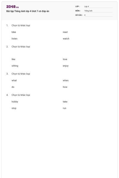 Bài tập Tiếng Anh lớp 4 Unit 7 có đáp án