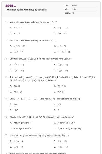 19 câu  Trắc nghiệm Hệ trục toạ độ có đáp án
