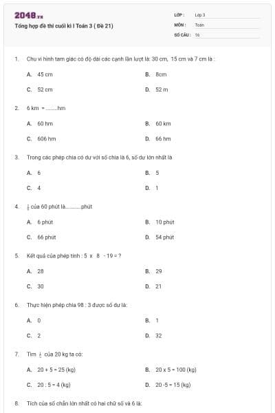 Tổng hợp đề thi cuối kì I Toán 3 ( Đề 21)