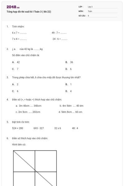 Tổng hợp đề thi cuối kì I Toán 3 ( Đề 22)