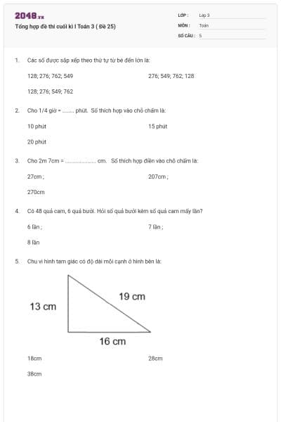 Tổng hợp đề thi cuối kì I Toán 3 ( Đề 25)