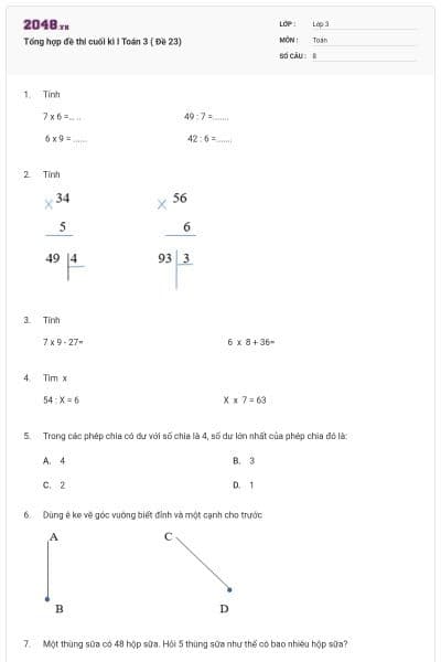 Tổng hợp đề thi cuối kì I Toán 3 ( Đề 23)