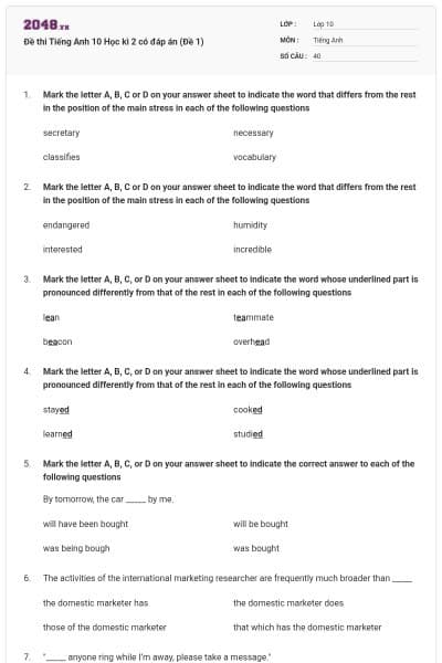 Đề thi Tiếng Anh 10 Học kì 2 có đáp án (Đề 1)