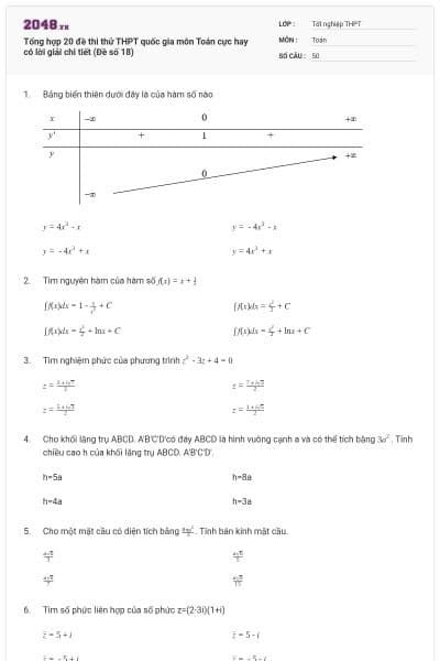 Tổng hợp 20 đề thi thử THPT quốc gia môn Toán cực hay có lời giải chi tiết (Đề số 18)