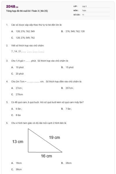 Tổng hợp đề thi cuối kì I Toán 3 ( Đề 25)