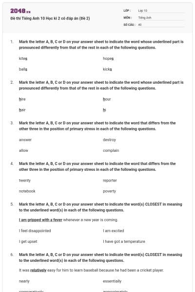 Đề thi Tiếng Anh 10 Học kì 2 có đáp án (Đề 2)