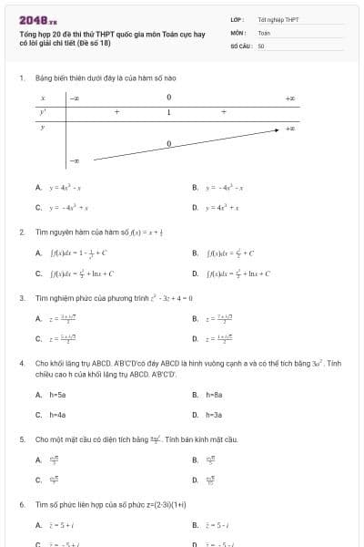Tổng hợp 20 đề thi thử THPT quốc gia môn Toán cực hay có lời giải chi tiết (Đề số 18)