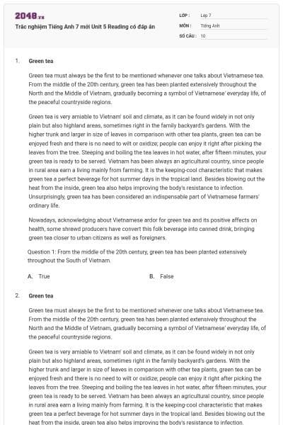 Trắc nghiệm Tiếng Anh 7 mới Unit 5 Reading có đáp án