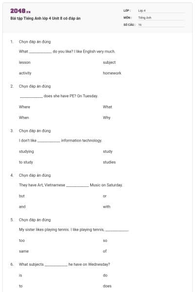 Bài tập Tiếng Anh lớp 4 Unit 8 có đáp án