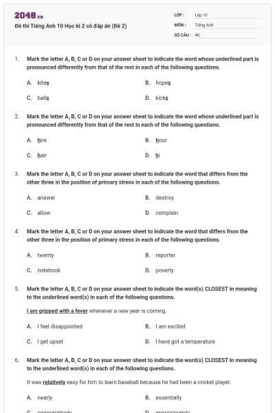 Đề thi Tiếng Anh 10 Học kì 2 có đáp án (Đề 2)