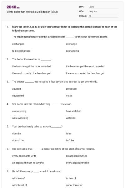 Đề thi Tiếng Anh 10 Học kì 2 có đáp án (Đề 3)