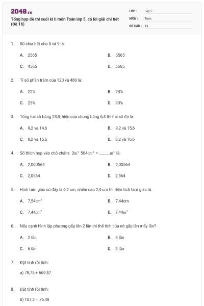 Tổng hợp đề thi cuối kì II môn Toán lớp 5, có lời giải chi tiết (Đề 16)